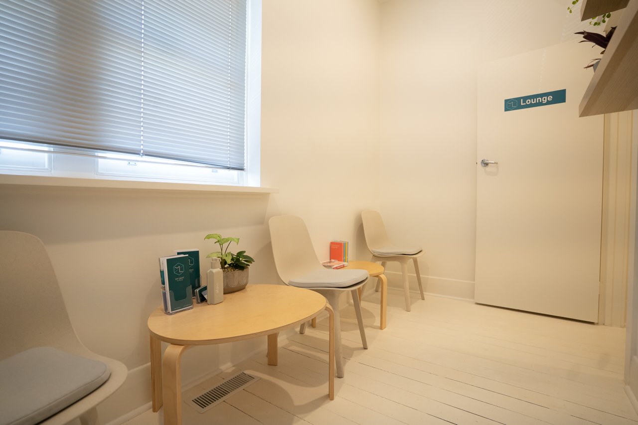 The calm waiting area at the studio